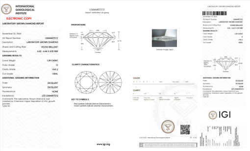 เพชรแท้ Lab Grown Diamond 1.09 กะรัต น้ำ 100 เกรด VVS2 ID EX EX N พร้อมเซอร์ IGI (1CER1041N)