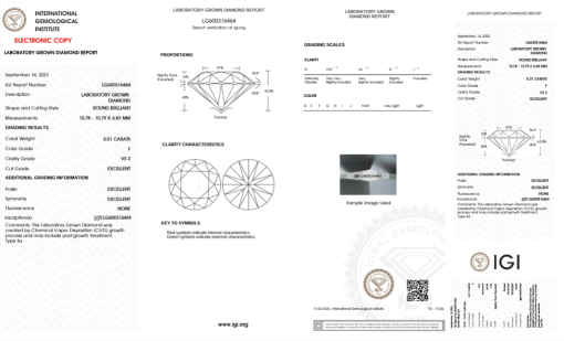 เพชรแท้ Lab Grown Diamond 5.01 กะรัต น้ำ 98 เกรด VS2 EX EX EX N พร้อมเซอร์ IGI (1CER1081)