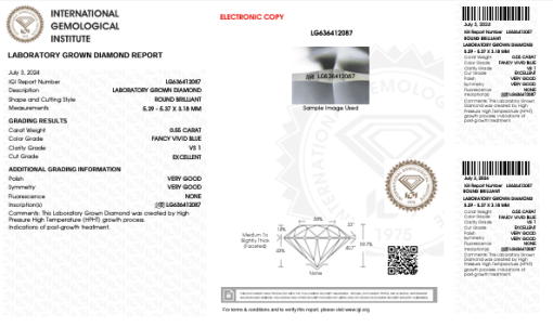 เพชรแท้ Lab Grown Diamond 0.55 กะรัต น้ำ VIVID BLUE เกรด VS1 EX VG VG N พร้อมเซอร์ IGI (1CER1056)