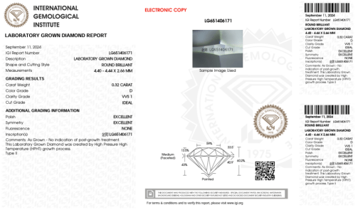 เพชรแท้ Lab Grown Diamond 0.32 กะรัต น้ำ 100 เกรด VVS1 ID EX EX N พร้อมเซอร์ IGI (1CER1135)