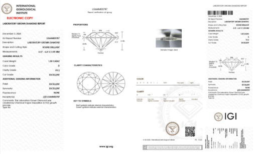 เพชรแท้ Lab Grown Diamond 1.00 กะรัต น้ำ 100 เกรด VS2 EX EX EX N พร้อมเซอร์ IGI (1CER1117)