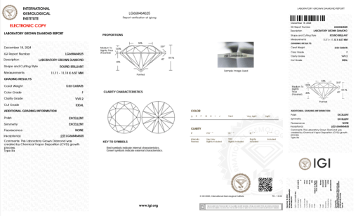 เพชรแท้ Lab Grown Diamond 5.03 กะรัต น้ำ 98 เกรด VVS2 ID EX EX N พร้อมเซอร์ IGI (1CER1083)