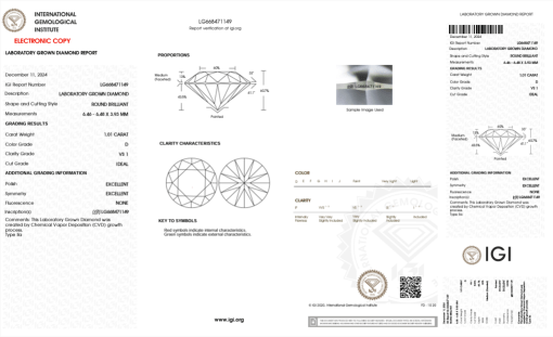 เพชรแท้ Lab Grown Diamond 1.01 กะรัต น้ำ 100 เกรด VS1 ID EX EX N พร้อมเซอร์ IGI (1CER1120)