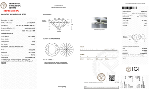 เพชรแท้ Lab Grown Diamond 1.52 กะรัต น้ำ 98 เกรด VS2 ID EX EX N พร้อมเซอร์ IGI (1CER1107)