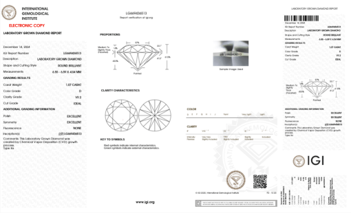 เพชรแท้ Lab Grown Diamond 1.07 กะรัต น้ำ 100 เกรด VS2 ID EX EX N พร้อมเซอร์ IGI (1CER1119)