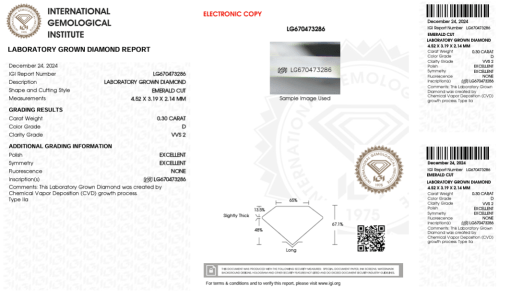 เพชรแท้ Lab Grown Diamond 0.30 กะรัต น้ำ 100 เกรด VVS2 EX EX N พร้อมเซอร์ IGI (1CER1061)