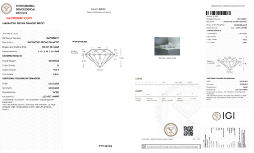 เพชรแท้ Lab Grown Diamond 1.00 กะรัต น้ำ 100 เกรด VVS2 ID EX EX N พร้อมเซอร์ IGI (1CER1159)