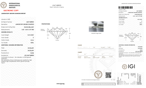 เพชรแท้ Lab Grown Diamond 1.00 กะรัต น้ำ 100 เกรด VVS2 ID EX EX N พร้อมเซอร์ IGI (1CER1152)