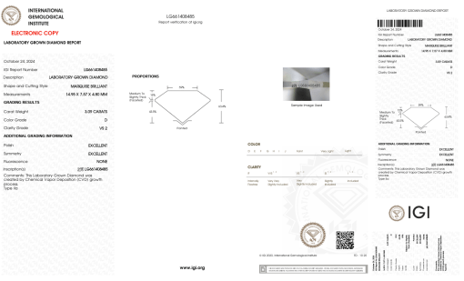 เพชรแท้ Lab Grown Diamond 3.09 กะรัต น้ำ 100 เกรดVS2 EX EX N พร้อมเซอร์ IGI (1CER1169)