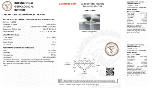 เพชรแท้ Lab Grown Diamond 0.28 กะรัต น้ำ 98 เกรด VS2 ID EX EX N พร้อมเซอร์ IGI (1CER1262)