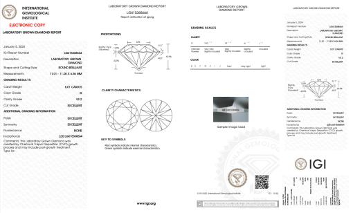 เพชรแท้ Lab Grown Diamond 5.01 กะรัต น้ำ 97 เกรด VS2 EX EX EX N พร้อมเซอร์ IGI (1CER1257)