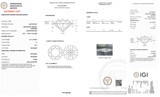 เพชรแท้ Lab Grown Diamond 5.01 กะรัต น้ำ 97 เกรด VS2 EX EX EX N พร้อมเซอร์ IGI (1CER1256)