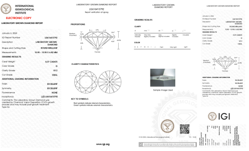 เพชรแท้ Lab Grown Diamond 5.07 กะรัต น้ำ 97 เกรด VS2 ID EX EX N พร้อมเซอร์ IGI (1CER1255)