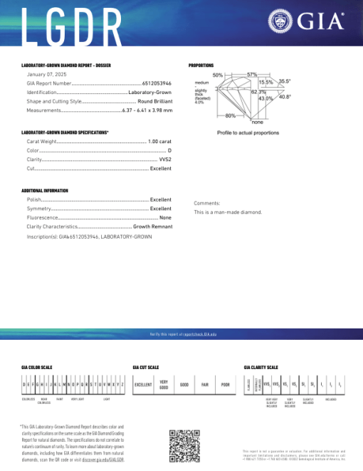 เพชรแท้ Lab Grown Diamond 1.00 กะรัต น้ำ 100 เกรด VVS2 EX EX EX N พร้อมเซอร์ GIA (1CER1308)