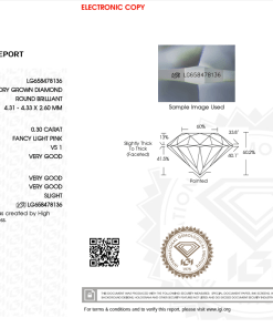 เพชรแท้ Lab Grown Diamond 0.30 กะรัต น้ำ PINK เกรด VS1 VG VG VG SL พร้อมเซอร์ IGI (1CER1252)