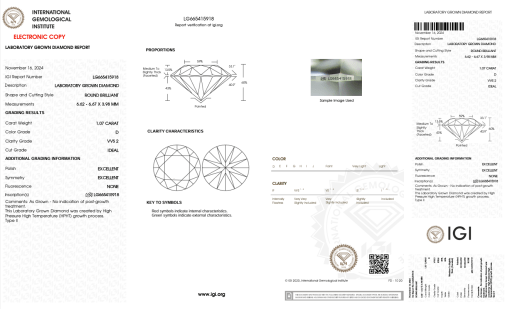 เพชรแท้ Lab Grown Diamond 1.07 กะรัต น้ำ 100 เกรด VVS2 ID EX EX N พร้อมเซอร์ IGI (1CER1295)