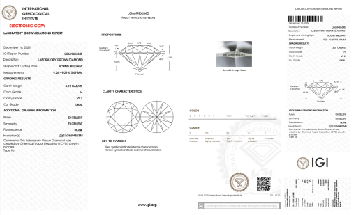 เพชรแท้ Lab Grown Diamond 3.01 กะรัต น้ำ 96 เกรด VS2 ID EX EX N พร้อมเซอร์ IGI (1CER1261)