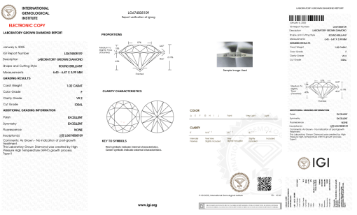 เพชรแท้ Lab Grown Diamond 1.02 กะรัต น้ำ 98 เกรด VS2 ID EX EX N พร้อมเซอร์ IGI (1CER1292)