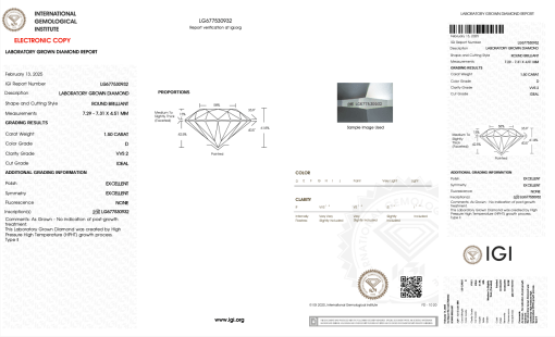 เพชรแท้ Lab Grown Diamond 1.50 กะรัต น้ำ 100 เกรด VVS2 ID EX EX N พร้อมเซอร์ IGI (1CER1290)