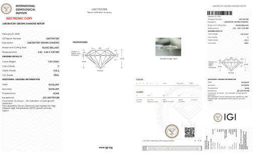 เพชรแท้ Lab Grown Diamond 1.00 กะรัต น้ำ 100 เกรด VVS2 ID EX EX N พร้อมเซอร์ IGI (1CER1302)