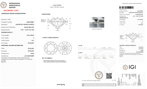 เพชรแท้ Lab Grown Diamond 5.00 กะรัต น้ำ 100 เกรด VS2 EX EX EX N พร้อมเซอร์ IGI (1CER1258)