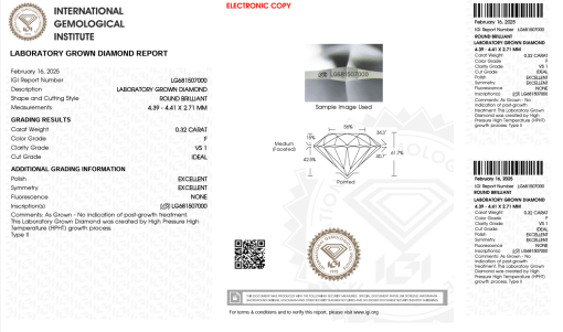 เพชรแท้ Lab Grown Diamond 0.32 กะรัต น้ำ 98 เกรด VS1 ID EX EX N พร้อมเซอร์ IGI (1CER1263)