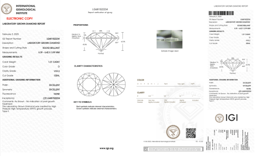 เพชรแท้ Lab Grown Diamond 1.01 กะรัต น้ำ 100 เกรด VVS2 ID EX EX N พร้อมเซอร์ IGI (1CER1305)