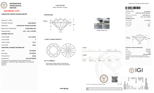 เพชรแท้ Lab Grown Diamond 2.03 กะรัต น้ำ 98 เกรด VVS2 ID EX EX N พร้อมเซอร์ IGI (1CER1266)