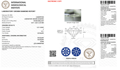 เพชรแท้ Lab Grown Diamond 0.31 กะรัต น้ำ 98 เกรด VS1 EX EX EX N พร้อมเซอร์ IGI (1CER1264)